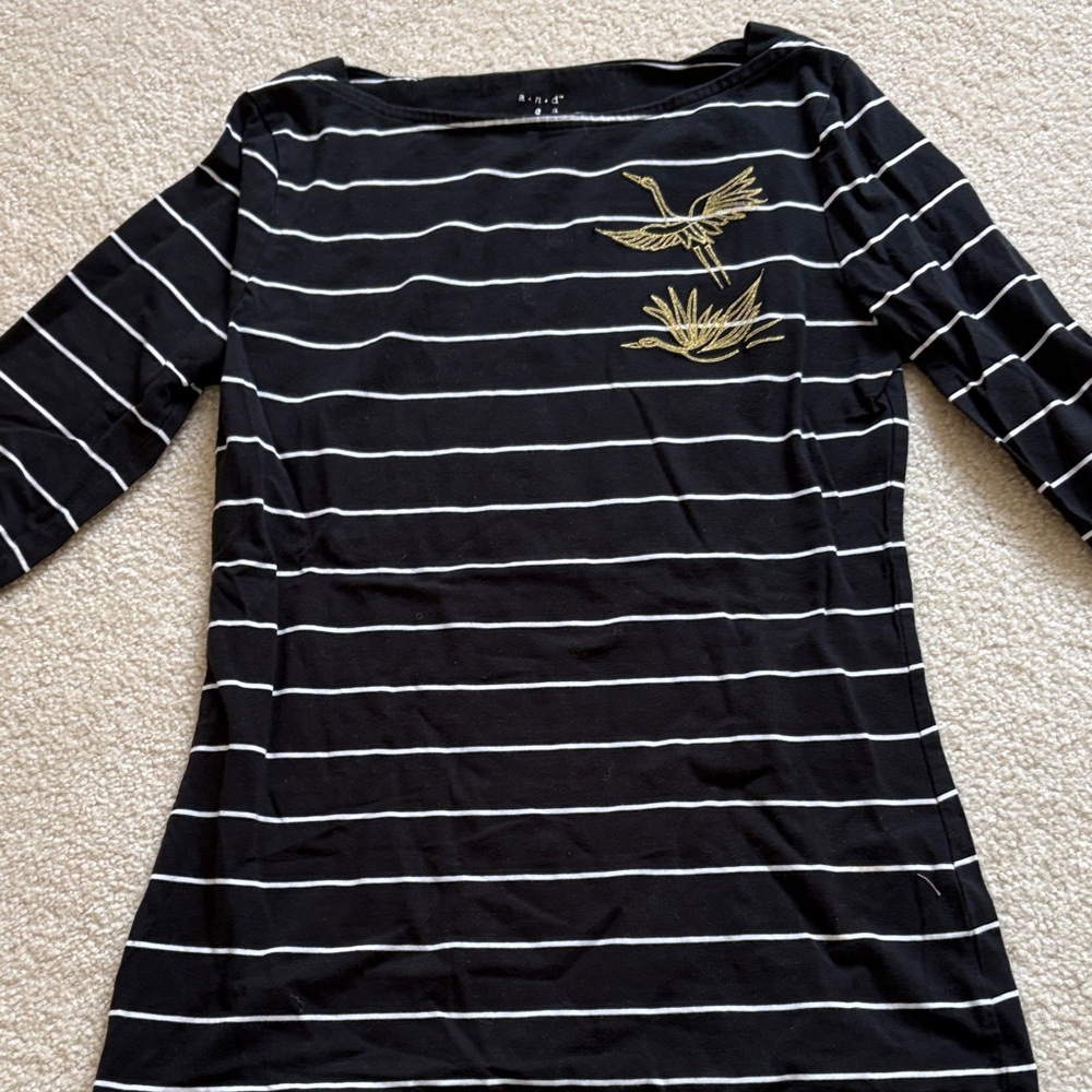 A New Day  Black and White Striped Top with Gold Crane Design 3/4 sleeve
